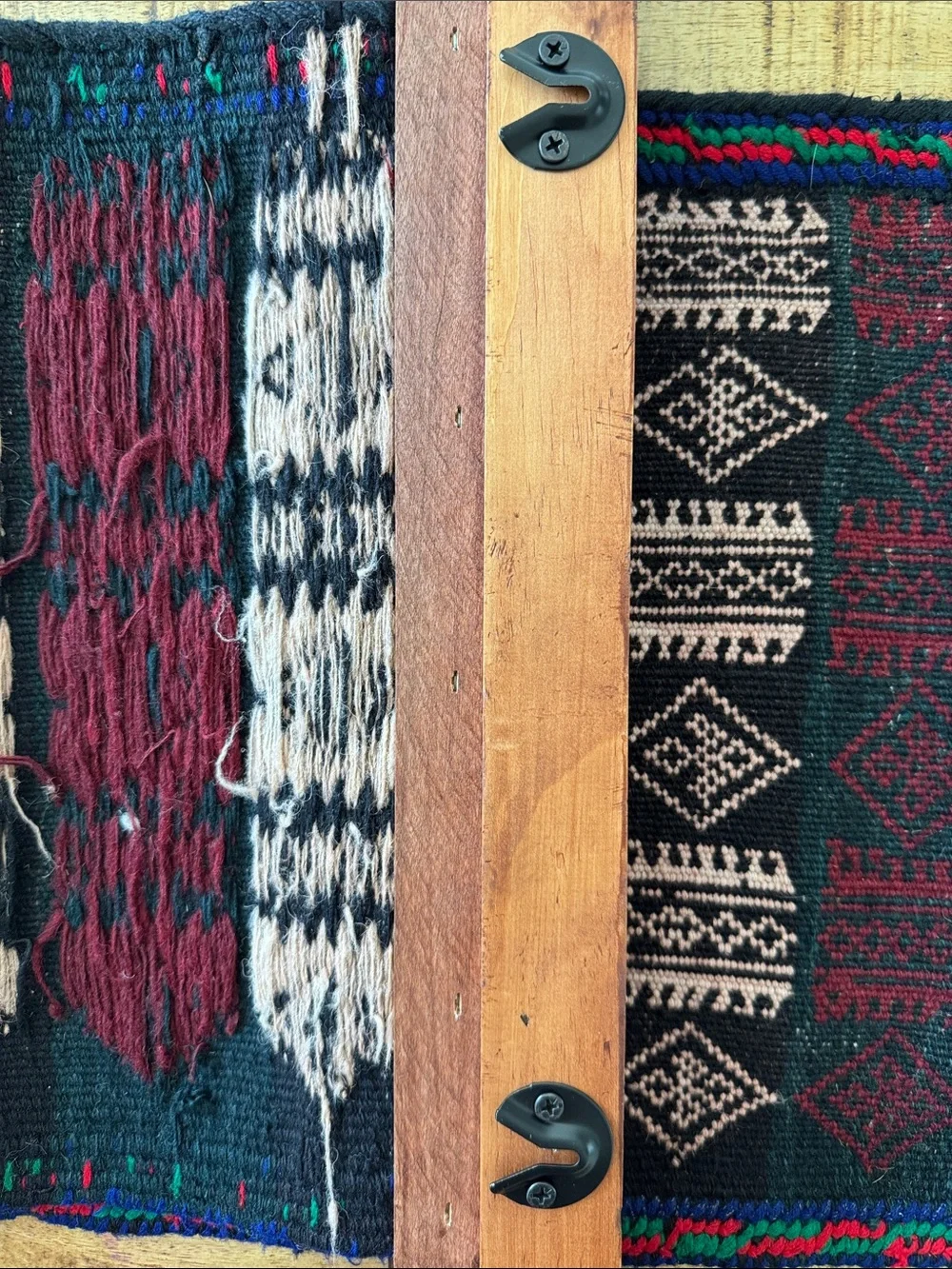 Vintage Handwoven Black & Burgundy Geometric tapestry